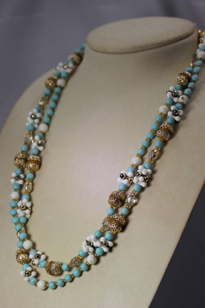 Vintage Blue, White Silver & Gold Japan Necklace & Earrings Set 48″ – 6909