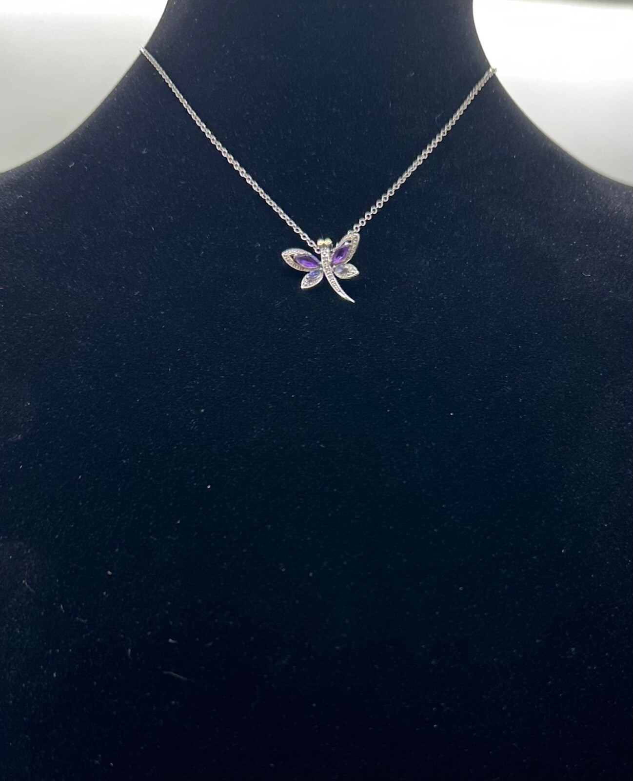 QG 925 Sterling India mixed stone butterfly pendant 14K YG eyes 16″ chain