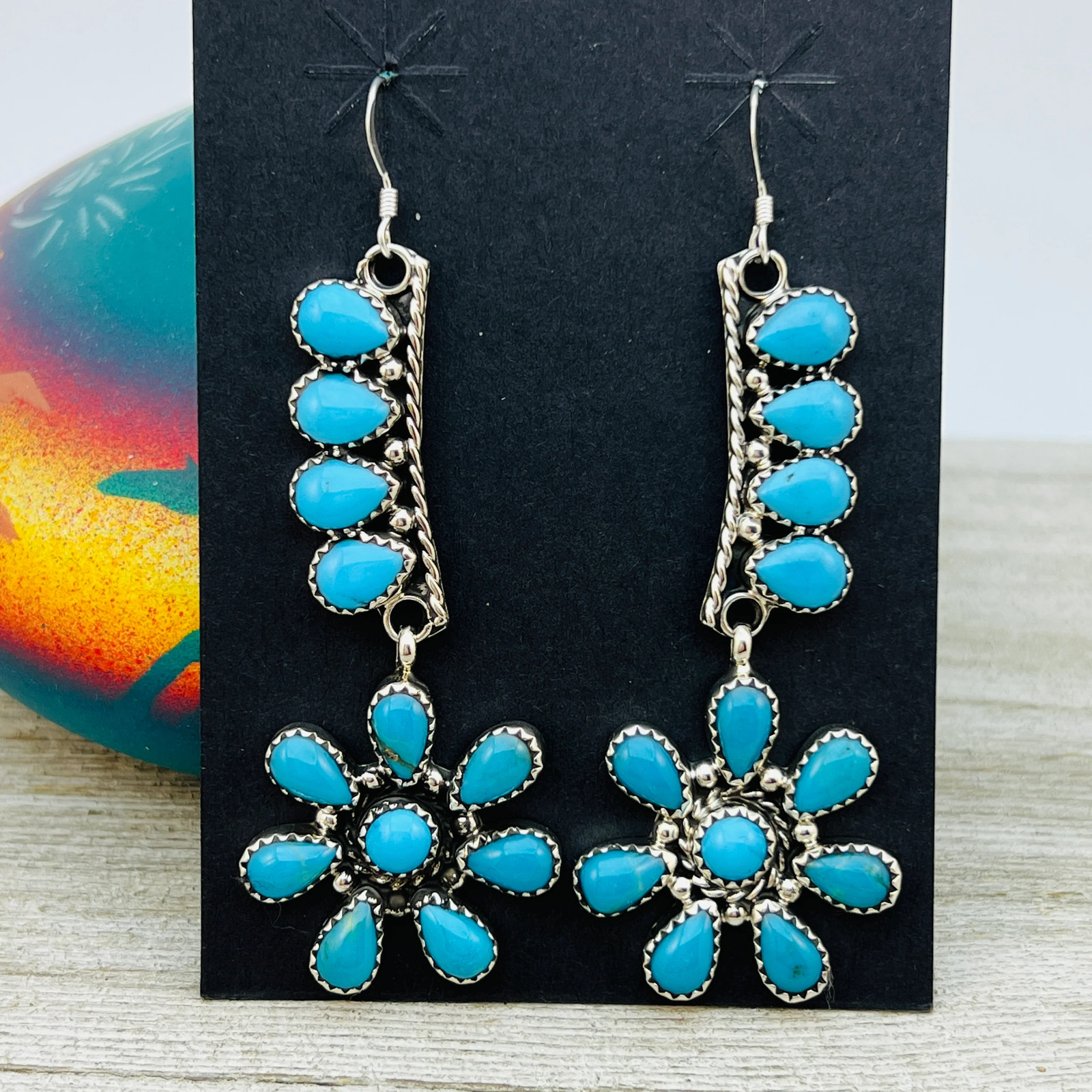 Turquoise cluster earrings sterling silver Evangeline Perry Navajo handmade ER31