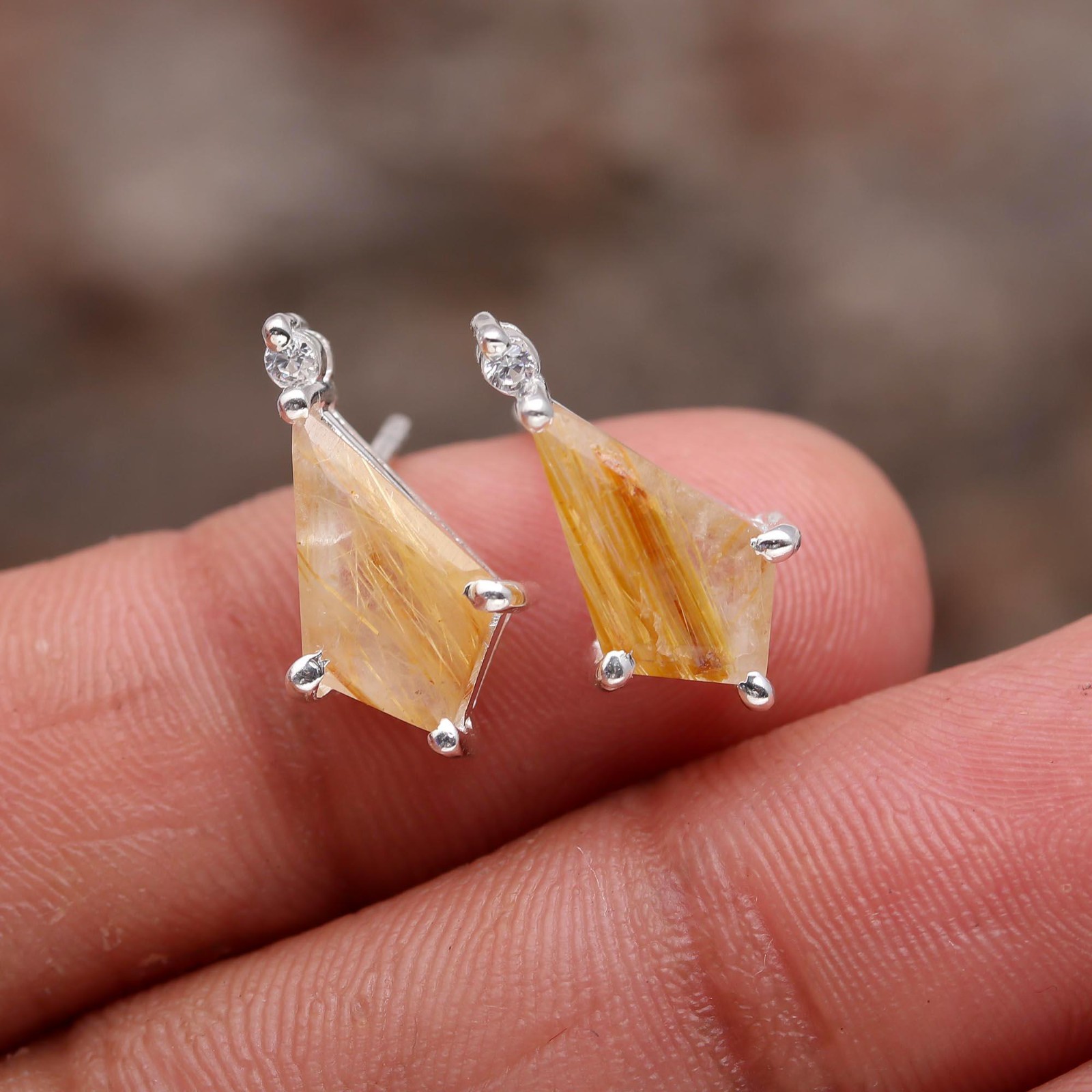 Natural Golden Rutile Quartz Stud Earrings 925Sterling Silver Minimalist Jewelry