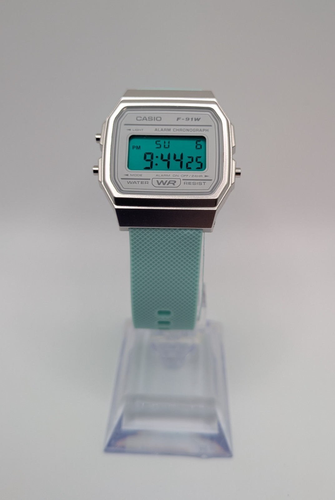 Casio F-91W Emerald Green Custom Watch Mod Silver White Mint Quick Release Strap