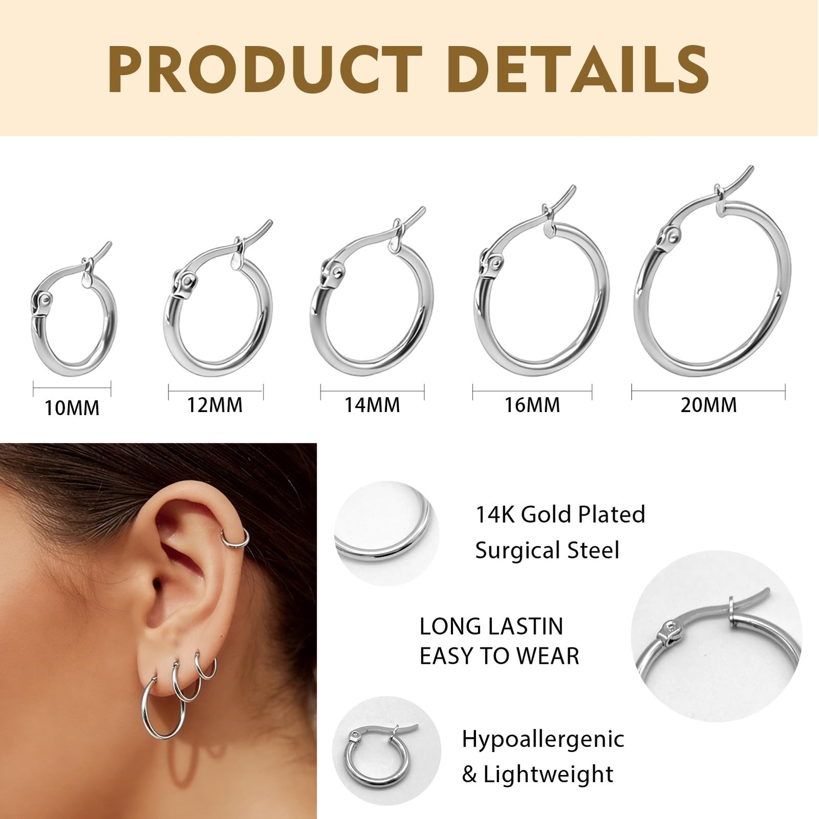 5 Pairs Surgical Huggie Hoop Earrings Set for Women, Small Silver 316L Stainl…