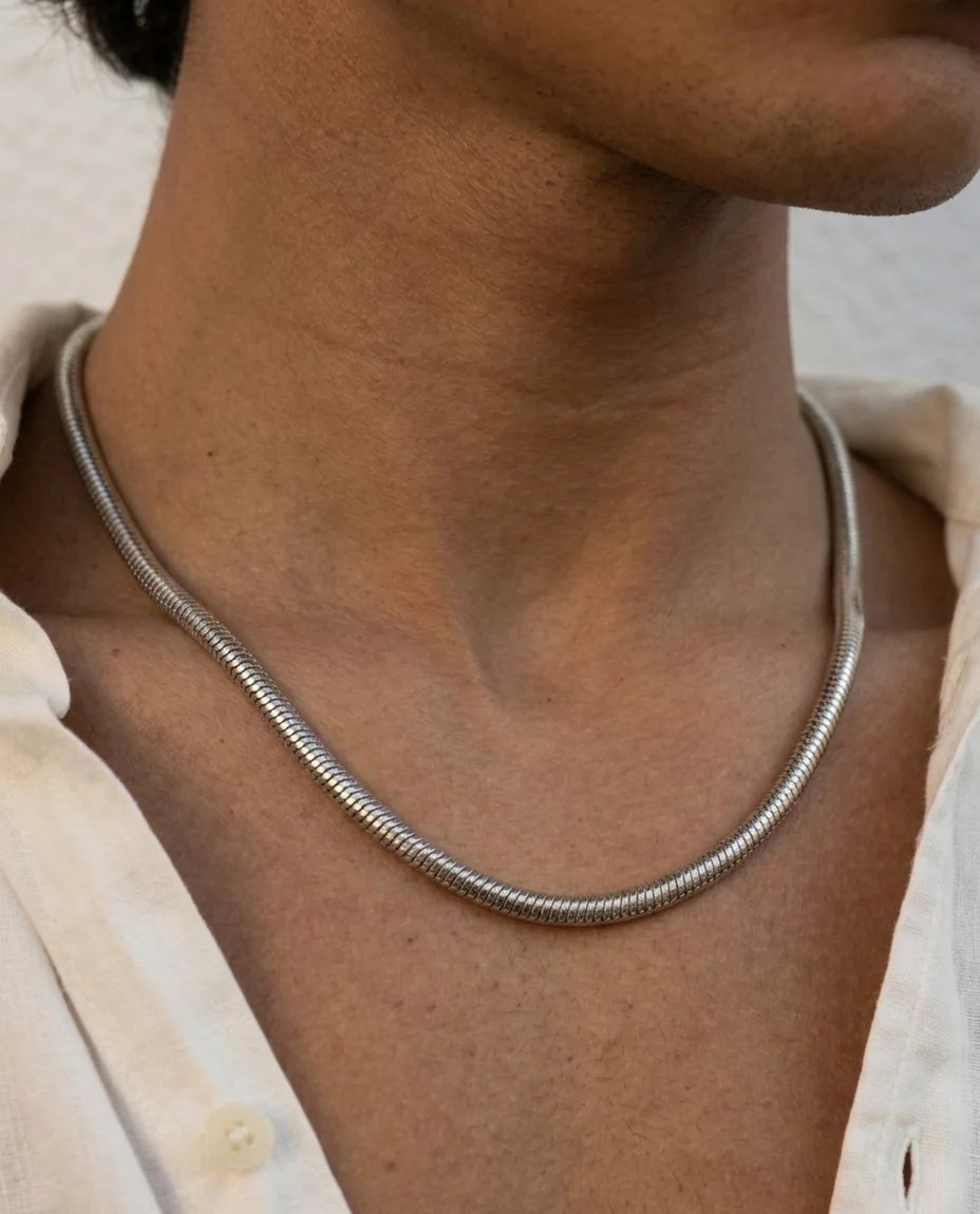 Men’s Trendy Titanium Steel Flat Snake Bone Chain Necklace Minimalist Hip Hop Ba
