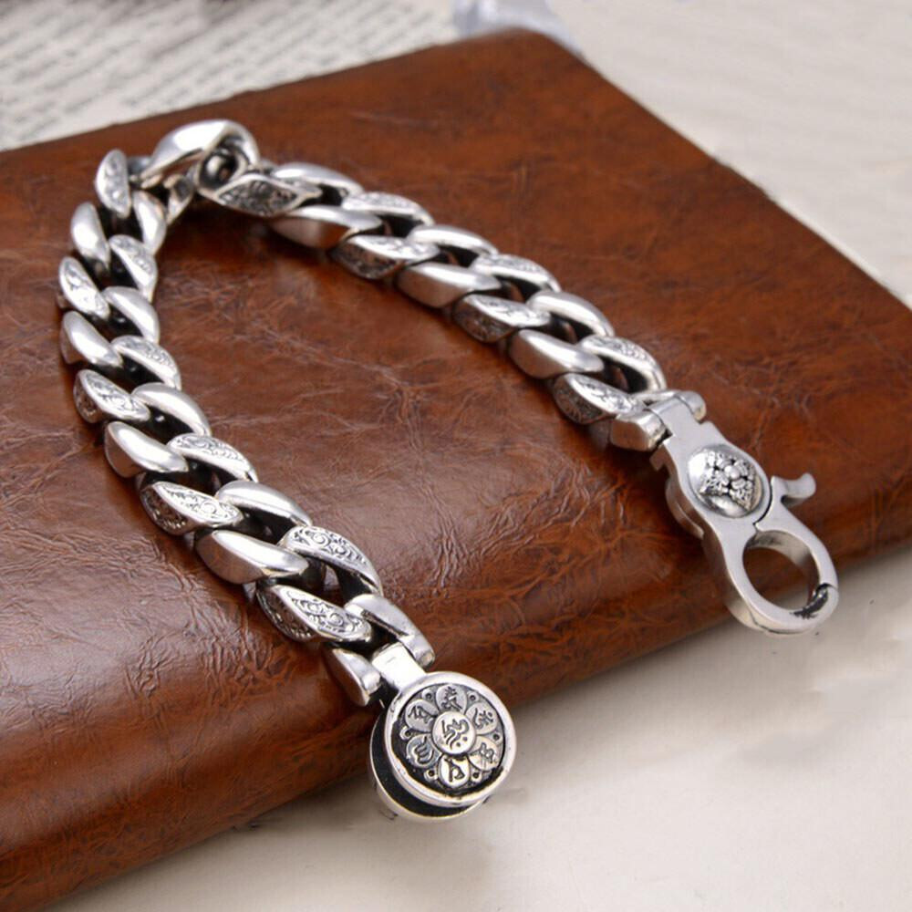 Pure S925 Sterling Silver Chain 11mm Six Words Vajra Curb Link Bracelet 7-8.7in
