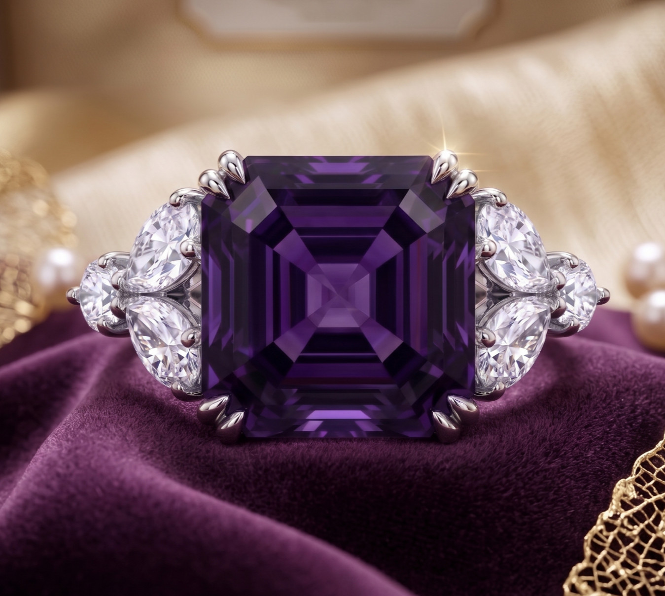 RARE 5.30 Ct Certified Asscher Cut Purple Natural Diamond Ring White Gold Finish