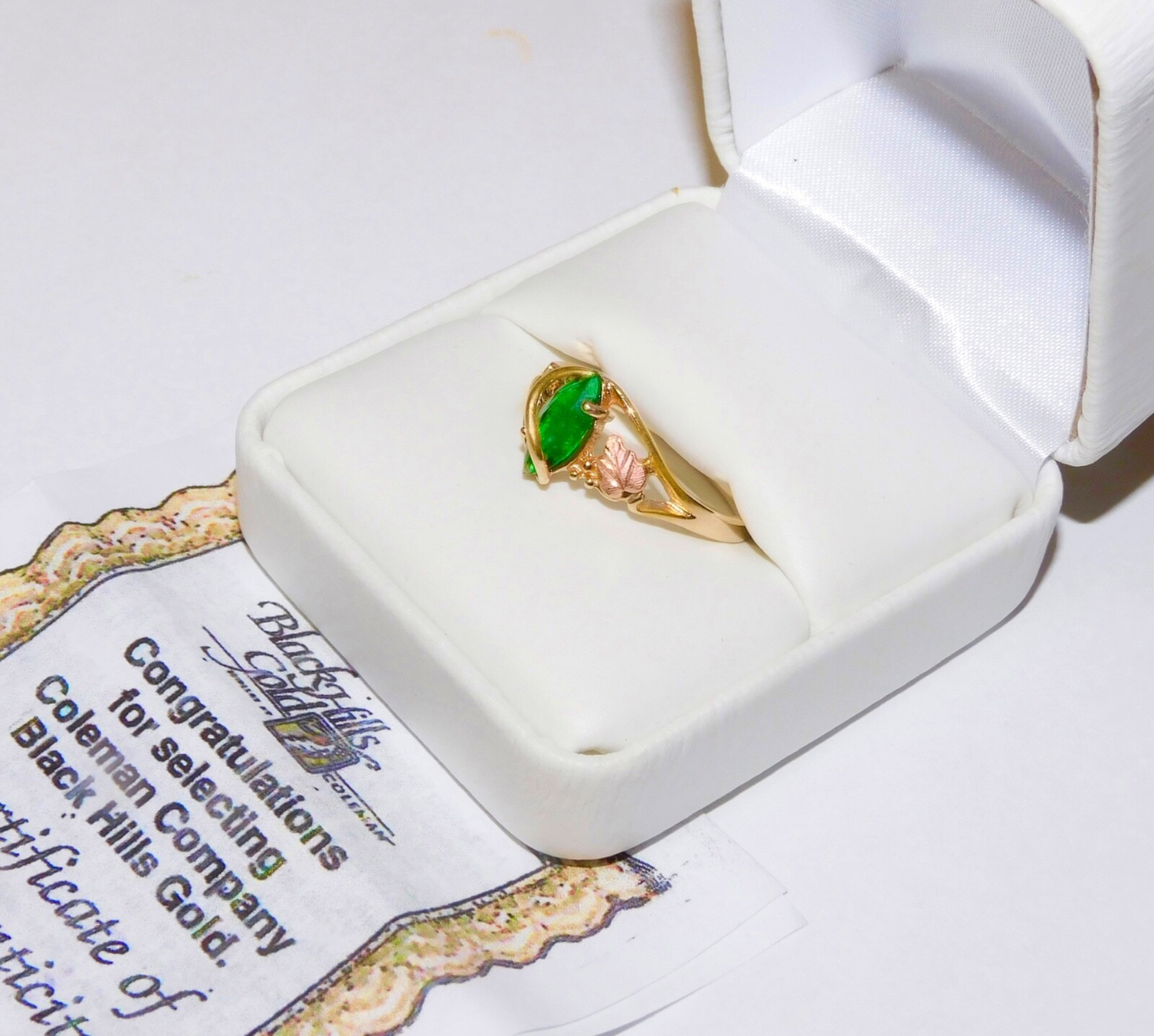 Black Hills Gold 10k Marquise Lab Created Emerald Leaves Ring Size 7