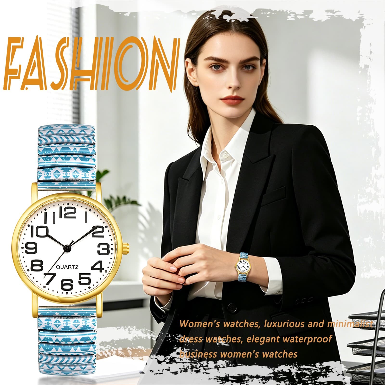 Summer Boho Stailess Steel Strap Floral Print Elastic Wrist Watch Easy Reader