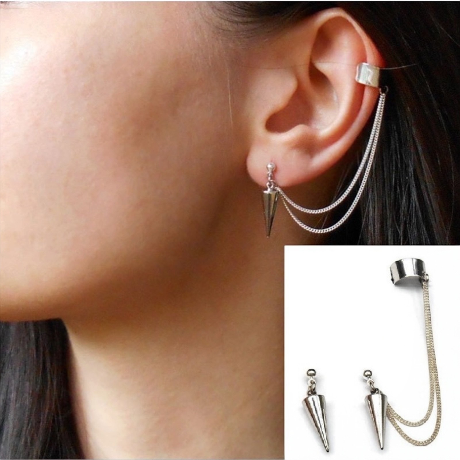 Punk Rock Rivets Chain Tassel Dangle Ear Stud Cuff Wrap Earrings Eardrop B23
