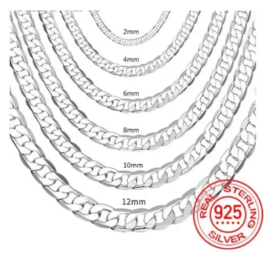 Solid 925 Sterling Silver Curb Chain Necklace Men Women Wedding Engagement Gift