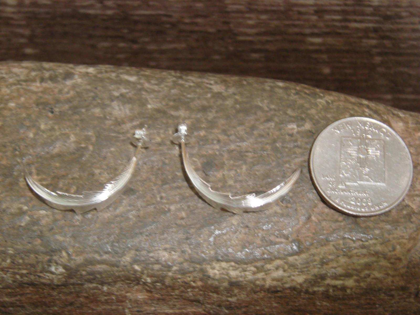 Native American Sterling Silver Feather Hoop Post Earrings Signed Barney