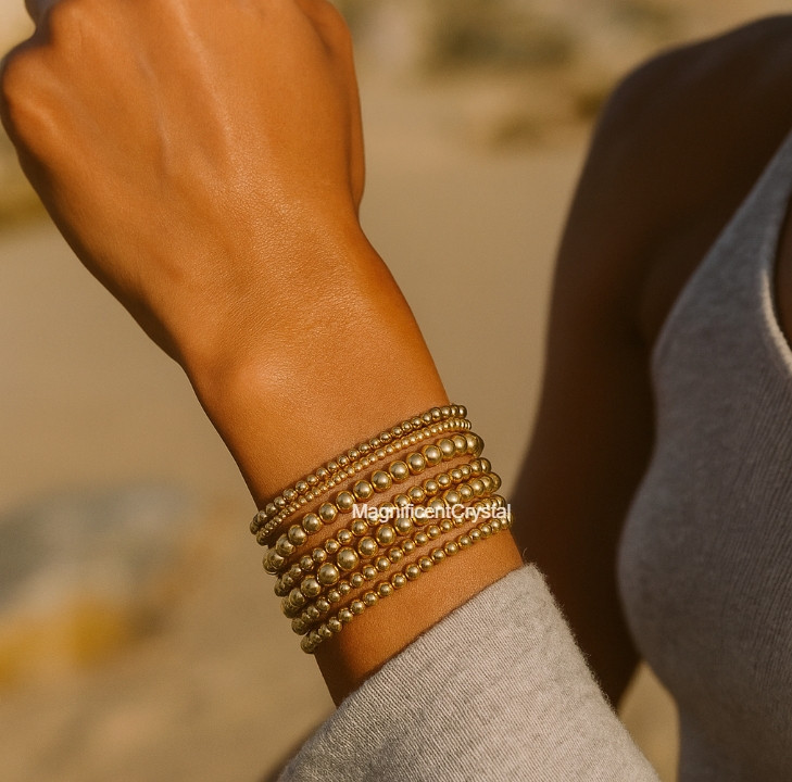 2PCS Dainty 2MM&5MM Gold Filled Beaded Layering Bracelet Stretchy Jewelry Gifts