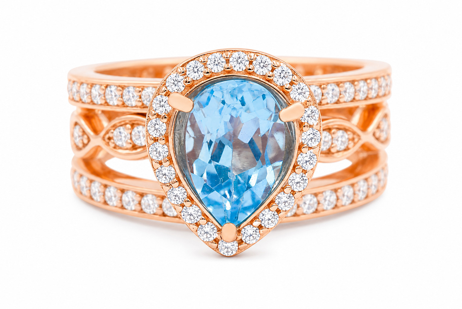 GENUINE 2.88 Cts BLUE TOPAZ & W/SAPPHIRE SET 3 RING 14K ROSE GOLD PLATED (.925)