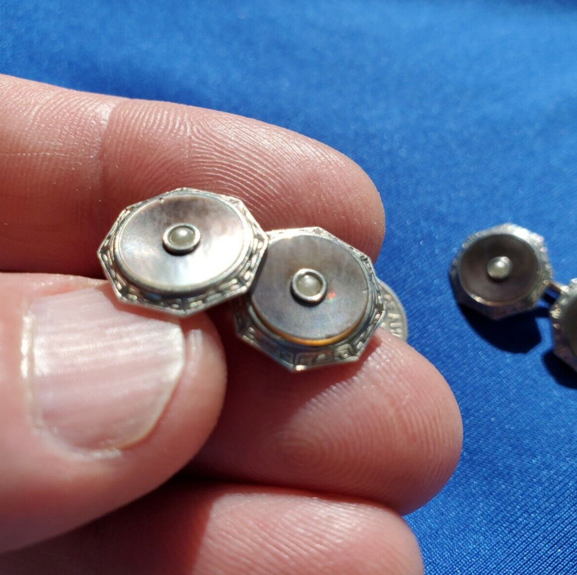 Original VINTAGE KREMENTZ ART DECO ENGRAVED PEARL CUFF LINKS OCTAGON DESIGN