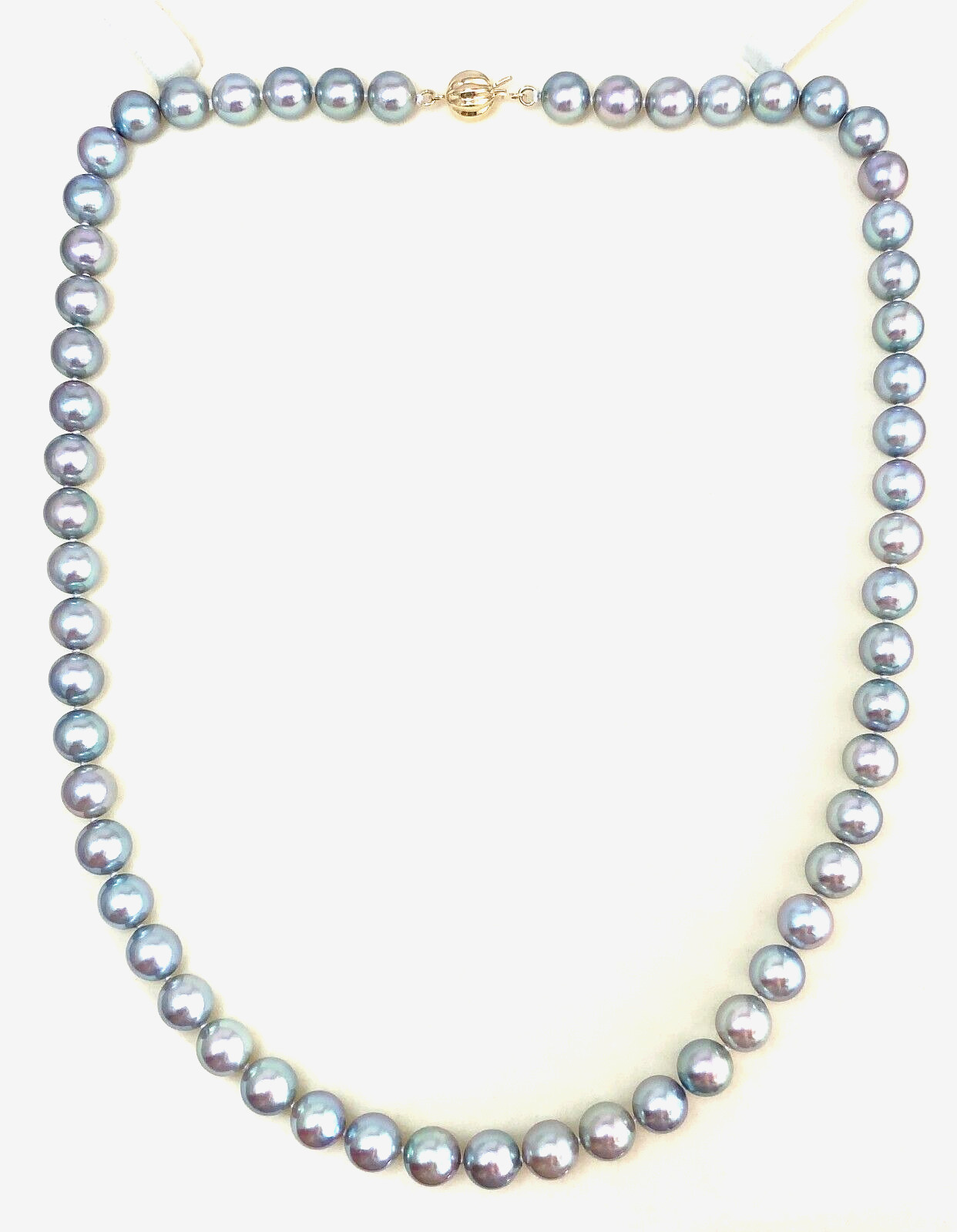 AAA 7.0-7.5mm Round Silver-Blue Akoya Pearl Strand Necklace 14K Yellow Gold,18″