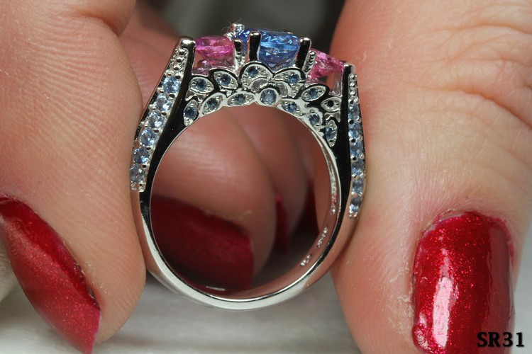 Baby Pink CZ & Aquamarine Engagement Ring 925 Sterling Silver Promise Ring