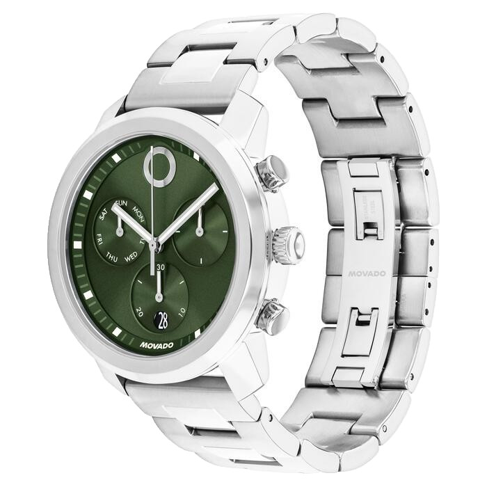 MOVADO BOLD CHRONOGRAPH 3601351 GREEN DIAL SILVER BRACELET 44MM MENS WATCH
