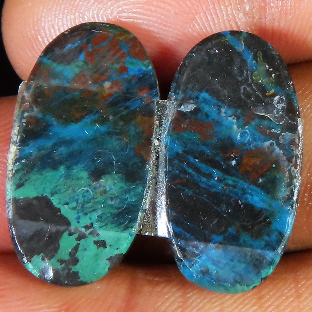 natural AZURITE pair oval cabochon Opaque gemstone 28.00 Carat. (12x23x3 mm)