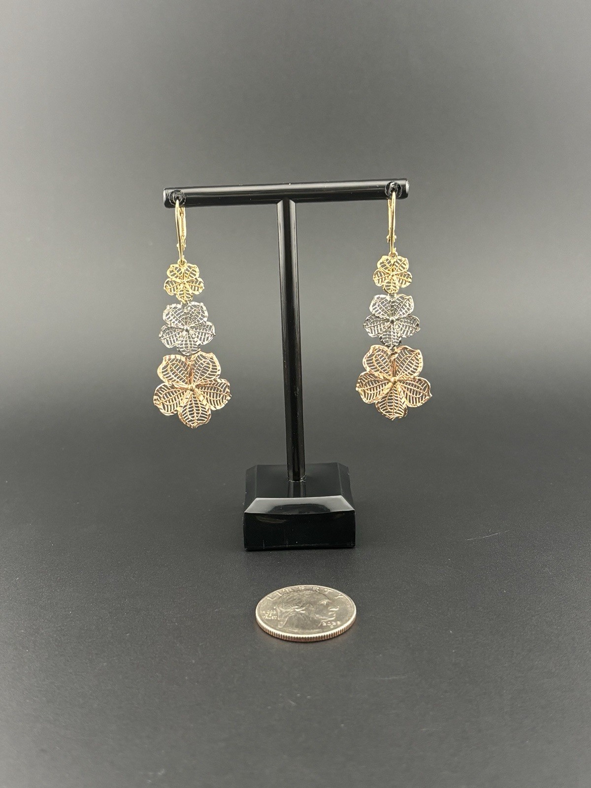 AK 925 Sterling Silver Turkey Tri Color Filigree Flower Dangle Earrings