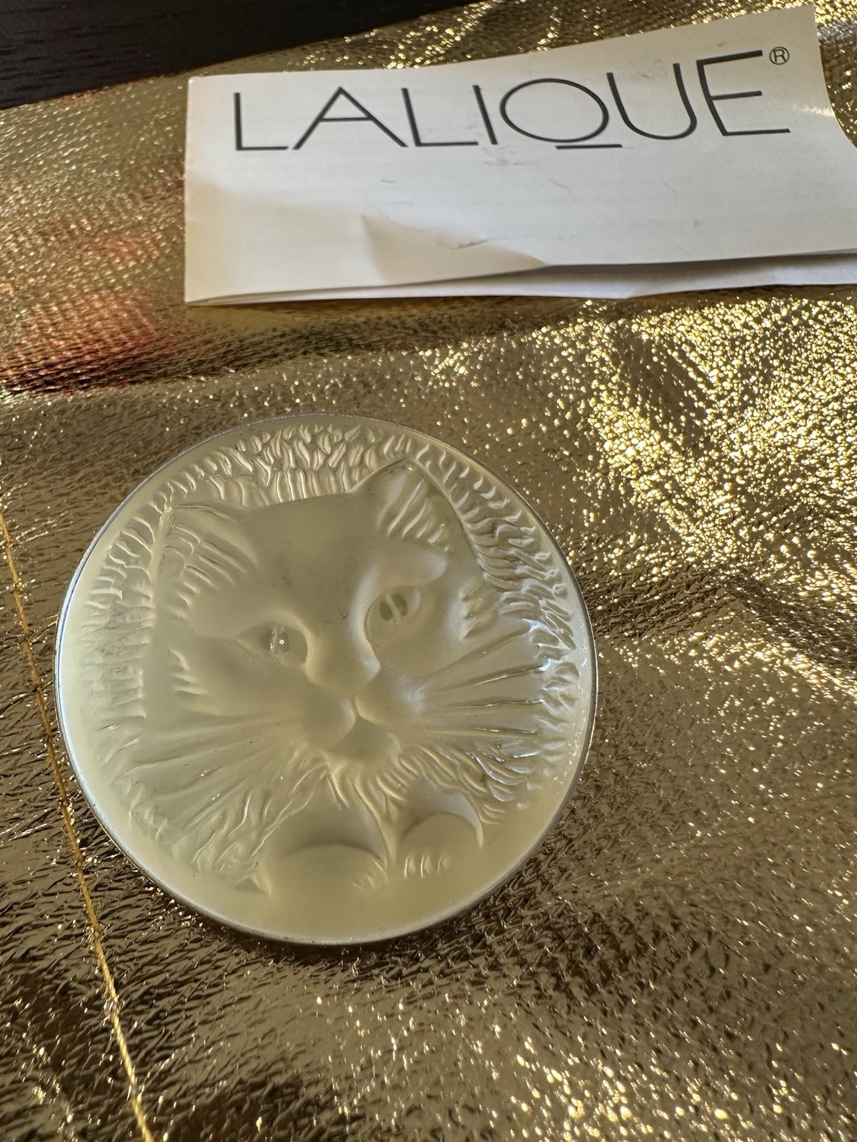 Signed Lalique France Frosted Crystal Chat Cat Medallion Brooch Vintage~1990s