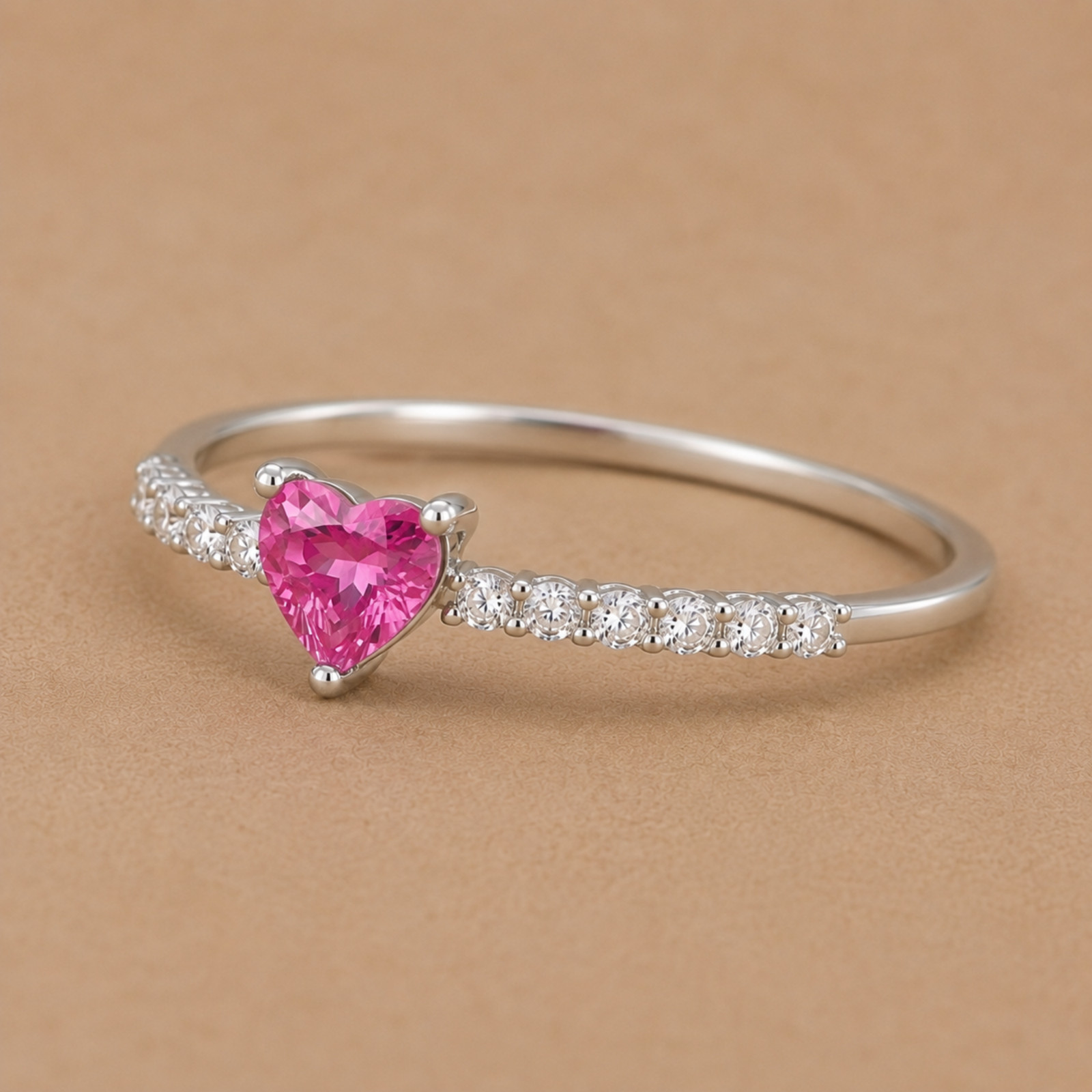 925 Sterling Silver Pink Heart Ring White Zircon Prong Set Promise Gift Ring