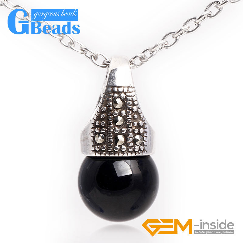 12mm round beads Marcasite silver pendant 12x24mm FREE gift box + necklace chain