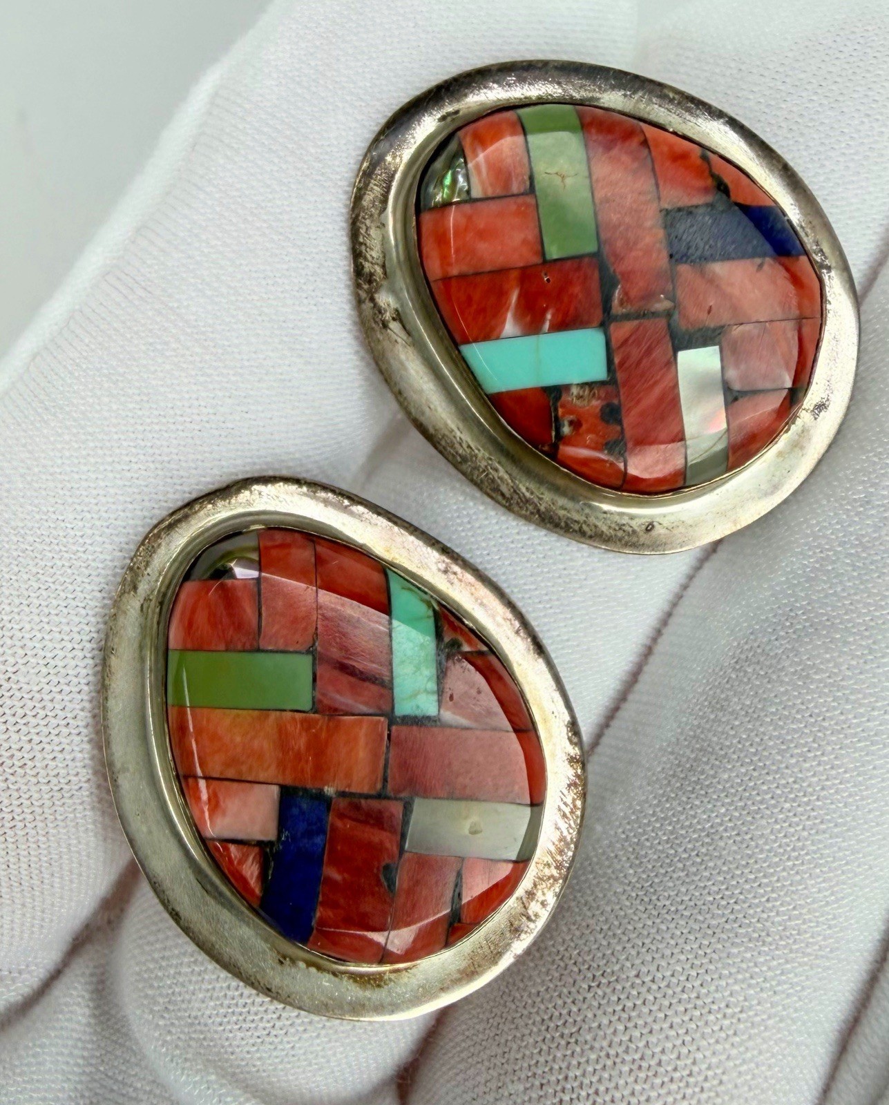 Zuni JLR Joe Lovato Rean Turquoise Earrings Silver inlay MOP Red Coral Lapis