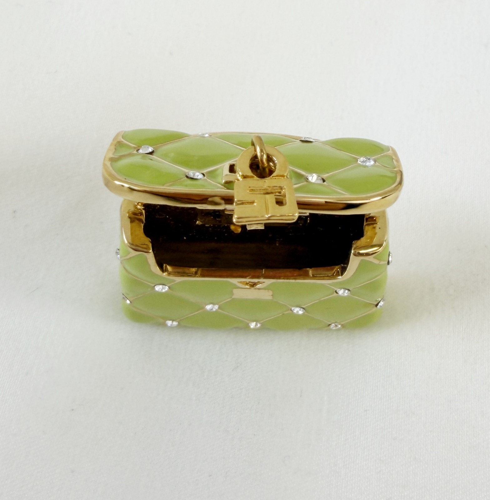 NEW ST. JOHN Handbag Mini Brooch Pin Green Enamel Crystals 24KGP Logo Enhancer