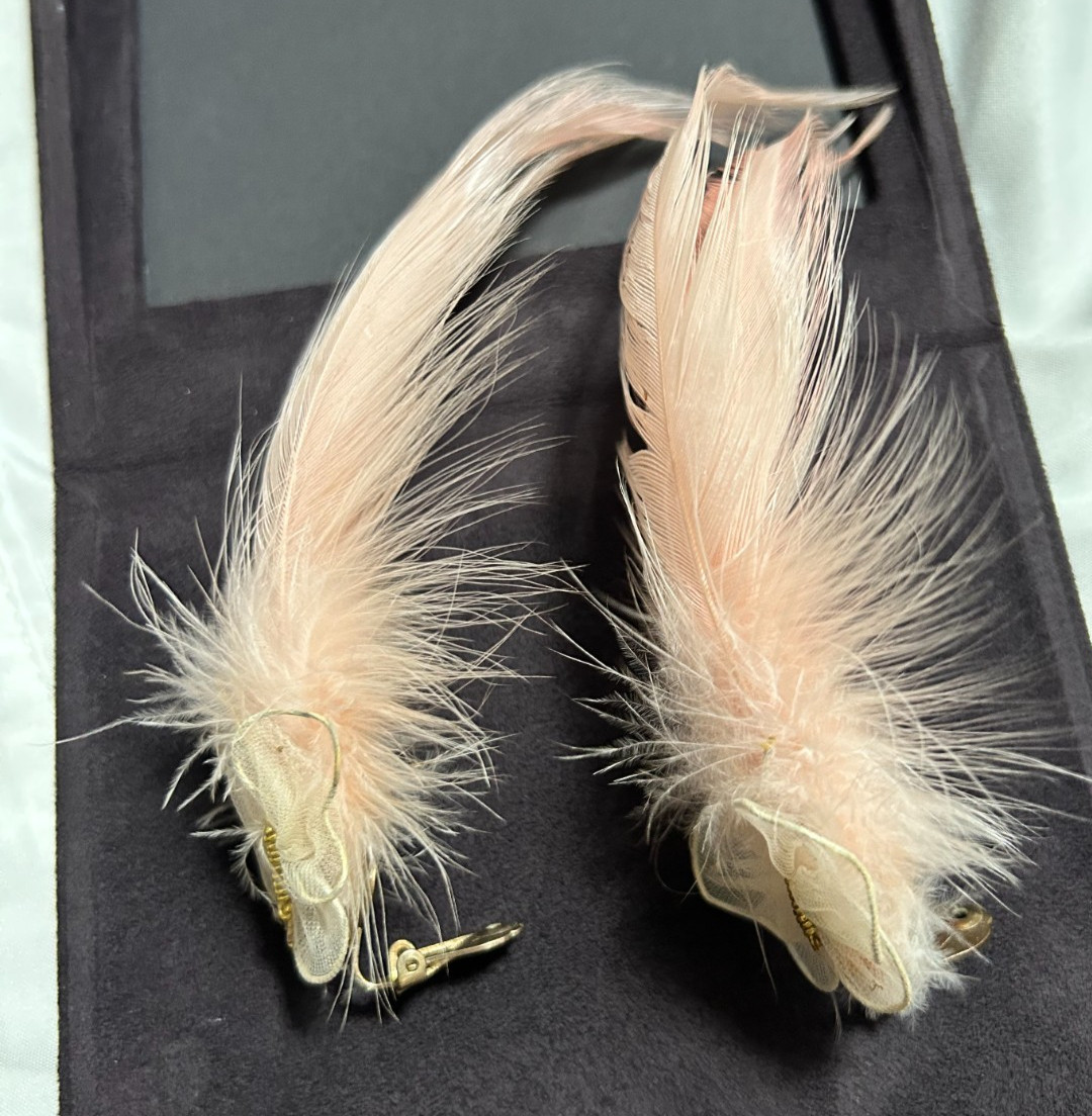 Vintage 1950’s Real Feather Butterfly Pink Special Occasion Earrings Clip-On 6″