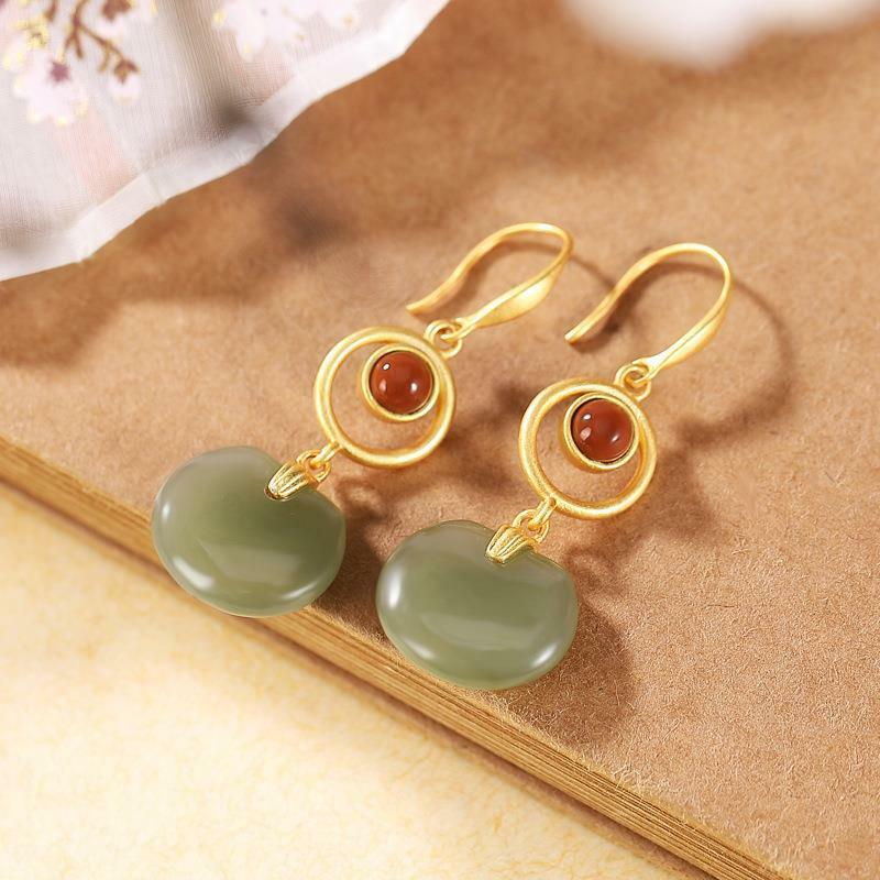 Natural Hetian Jade Hollow Earrings Chinese Retro Women Fashion Jewelry Amulet