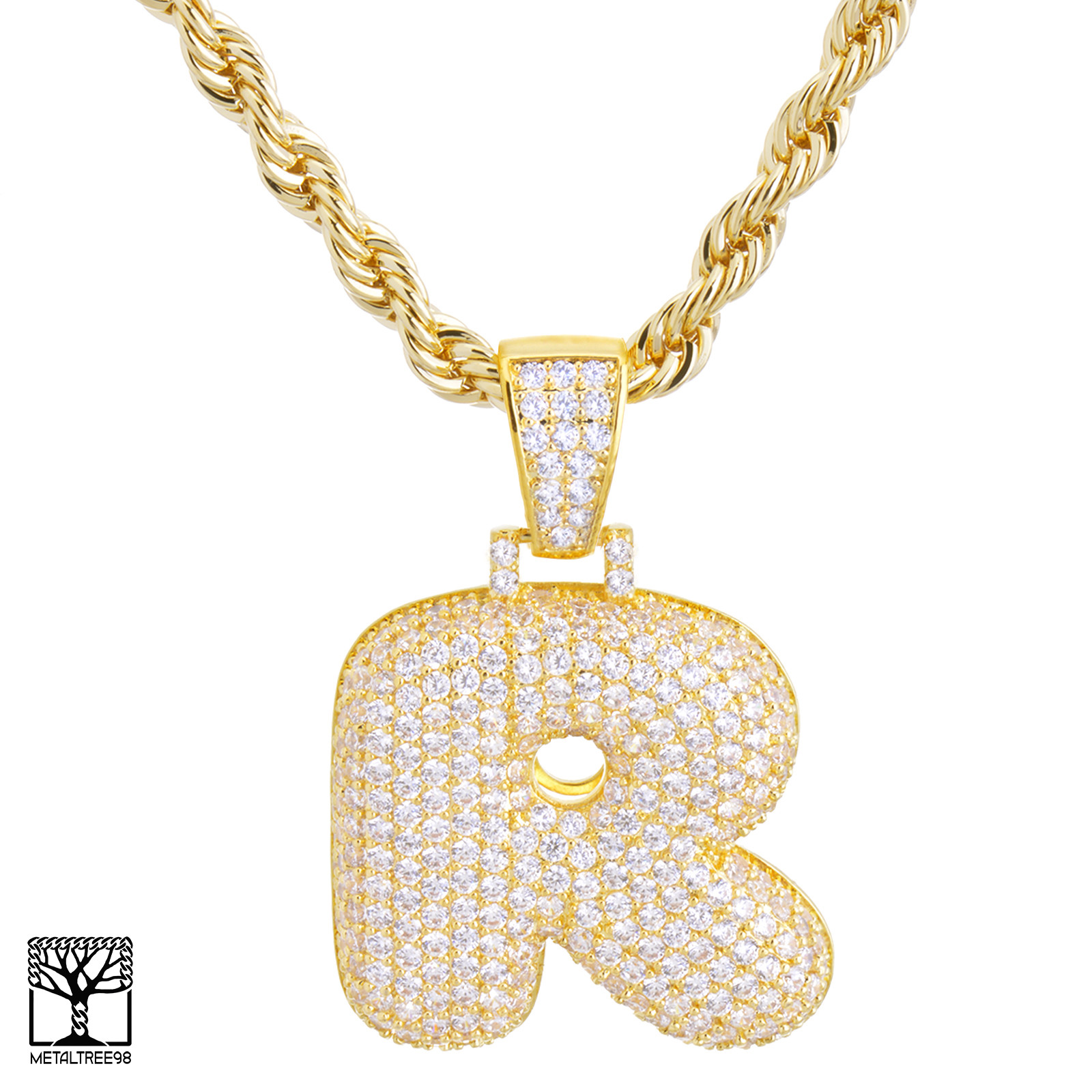 R Initial Custom Bubble Letter Gold Plated Iced CZ Pendant 24″ Chain Necklace