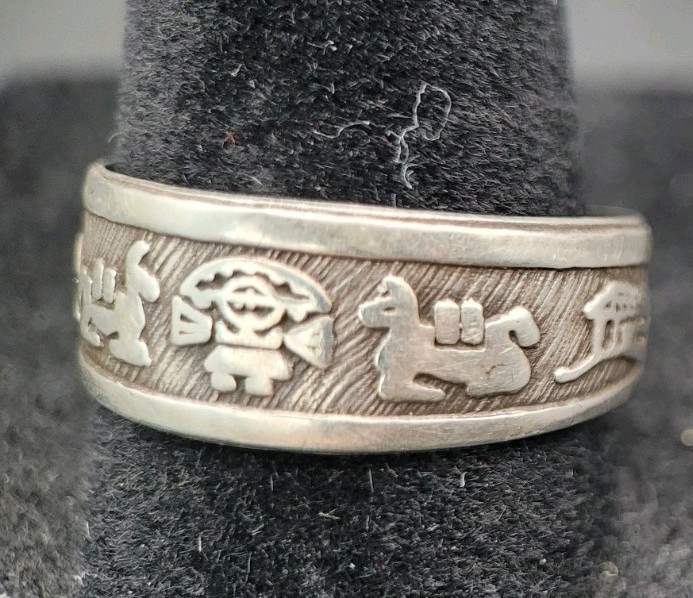 Vintage Sterling Silver Peruvian Inca Storytelling Picture Adjustable Ring Sz. 8