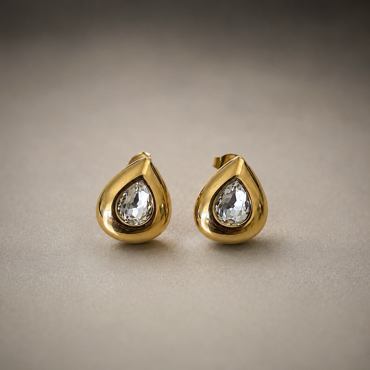 18K Gold PVD Clear Stone Teardrop Stud Earrings 316L Stainless Steel