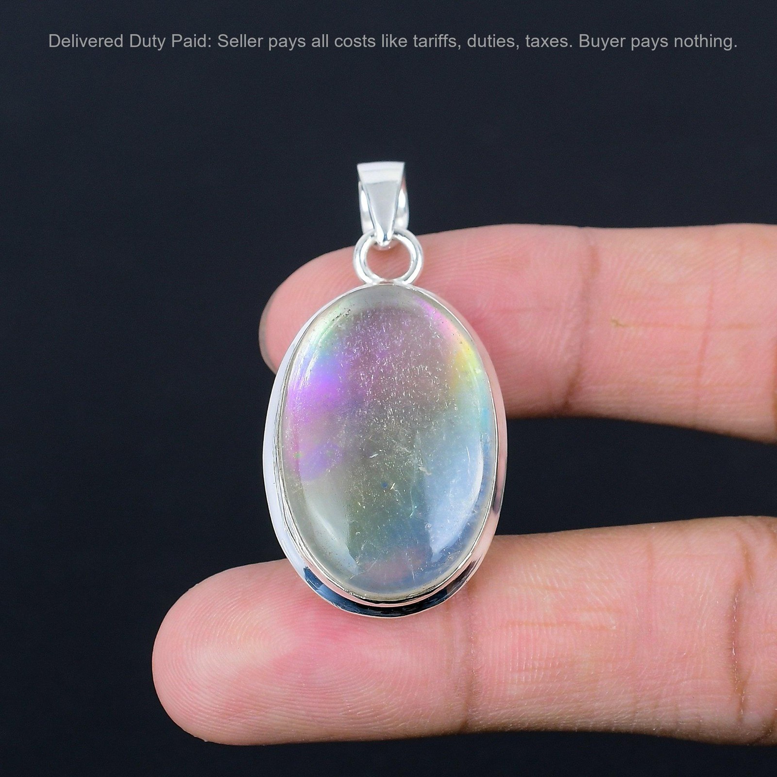 925 Silver Oval Natural Rainbow Mystic Opal Engagement Wedding Pendant Jewelry