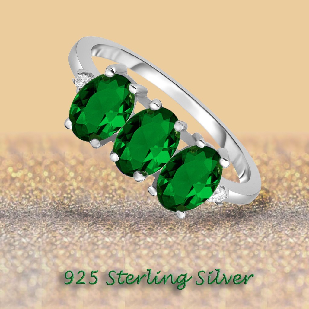 925 Sterling Silver 3.00 CTTW Created Emerald Oval Cut Tri Stone Ring Sizes 6-9