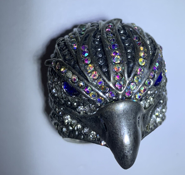 ST & Crystal Eagle Ring W/ Blue Sapphire Rhinestone Eyes, Aurora Borealis Crown