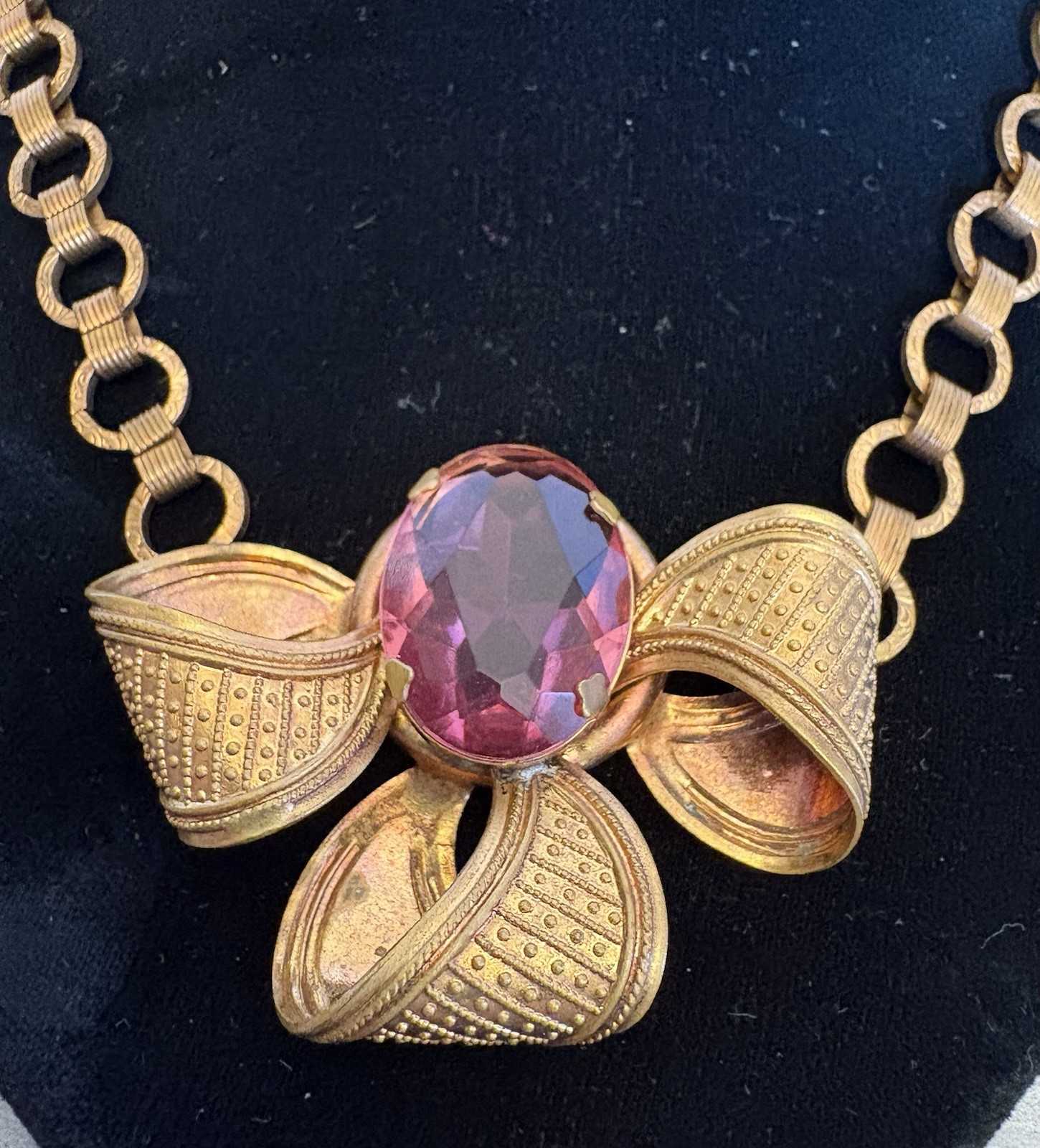 Art Deco Bohemian Pink Glass Brass Bow Pendant Book Chain Choker Necklace 17″