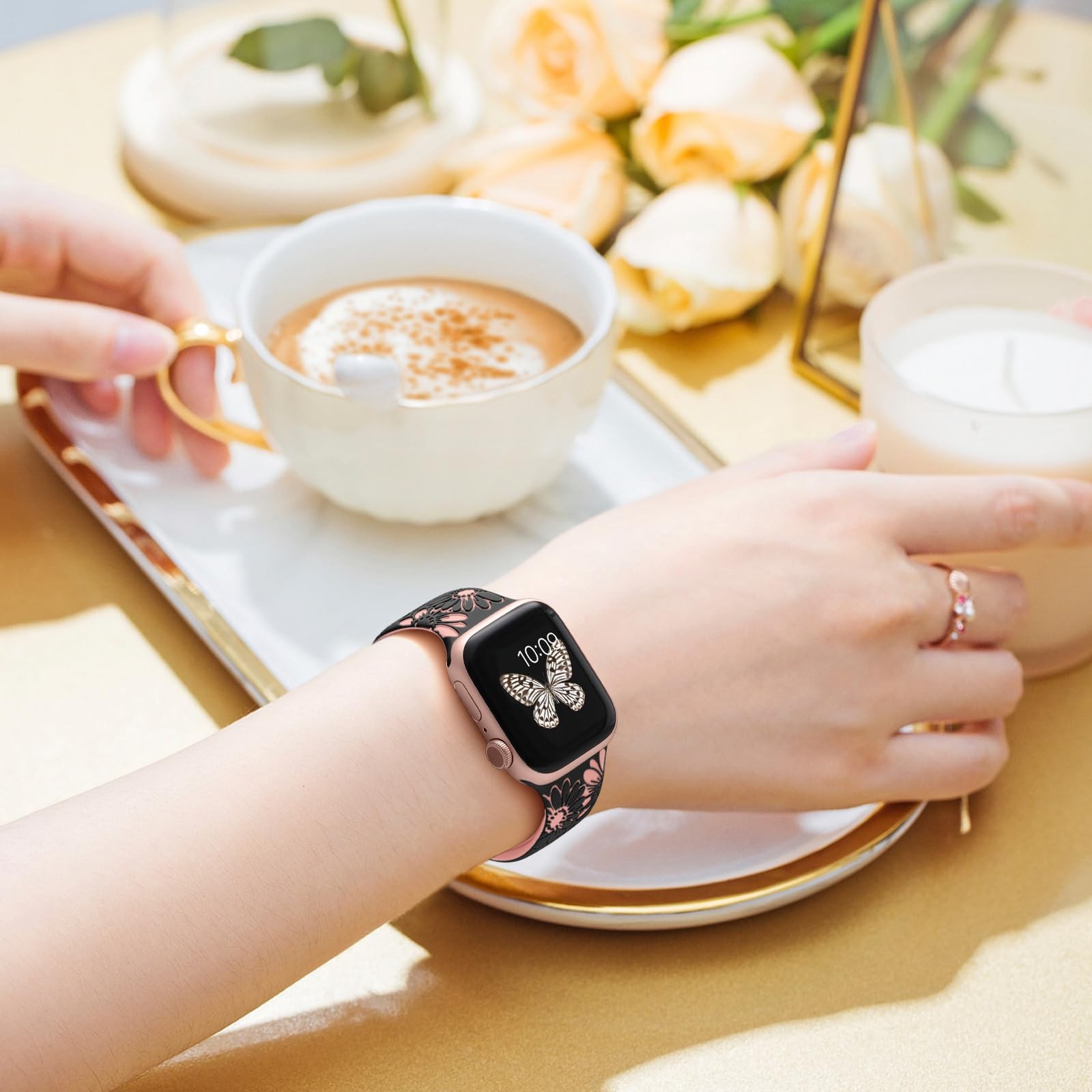 DaQin Floral Engraved Band 38mm/40mm/41mm/42mm(series 11 10), Black/Pink