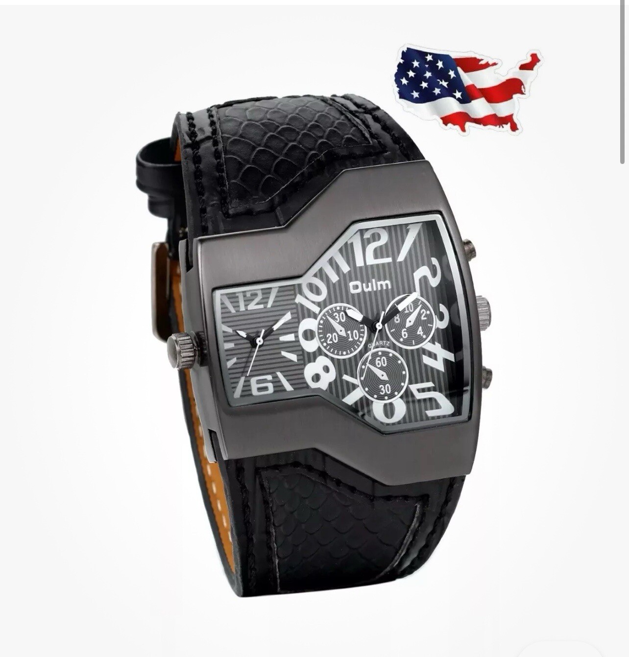 OULM Mens Casual Quartz Watches Dual Time Big Face Wide Leather Band Watch