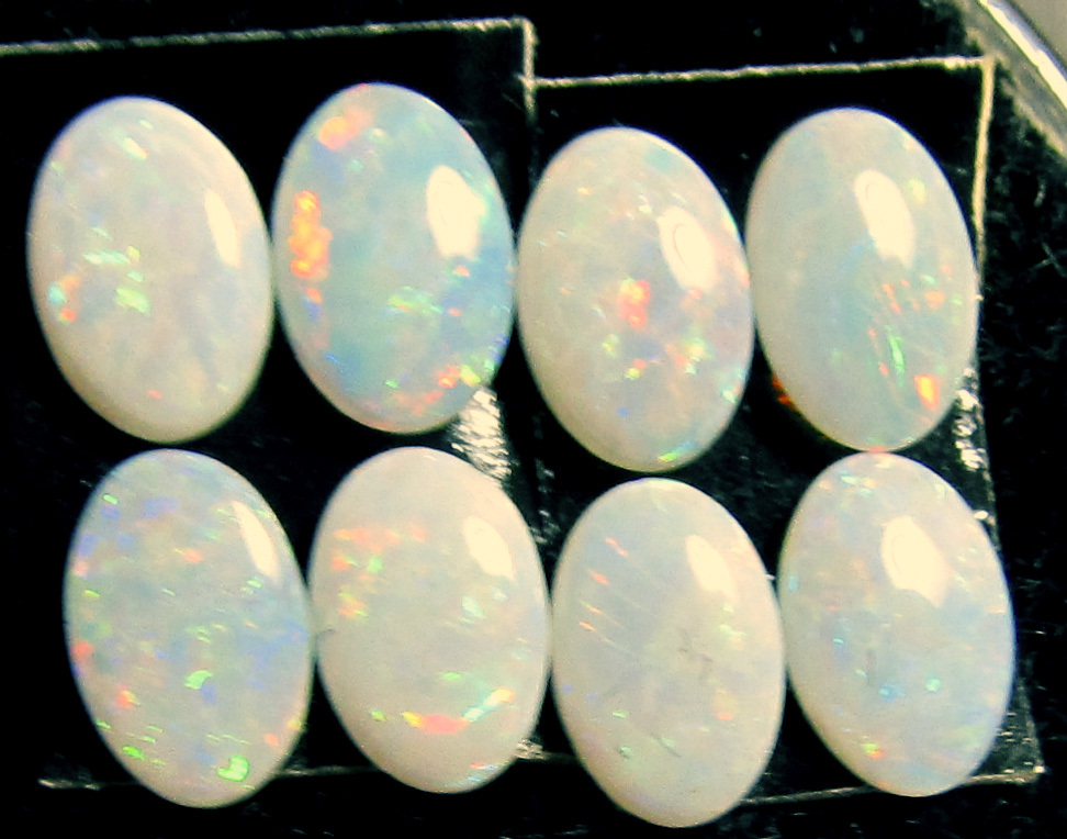 white opals, set of 8 stones, 6 x 4 mm, moderate fire
