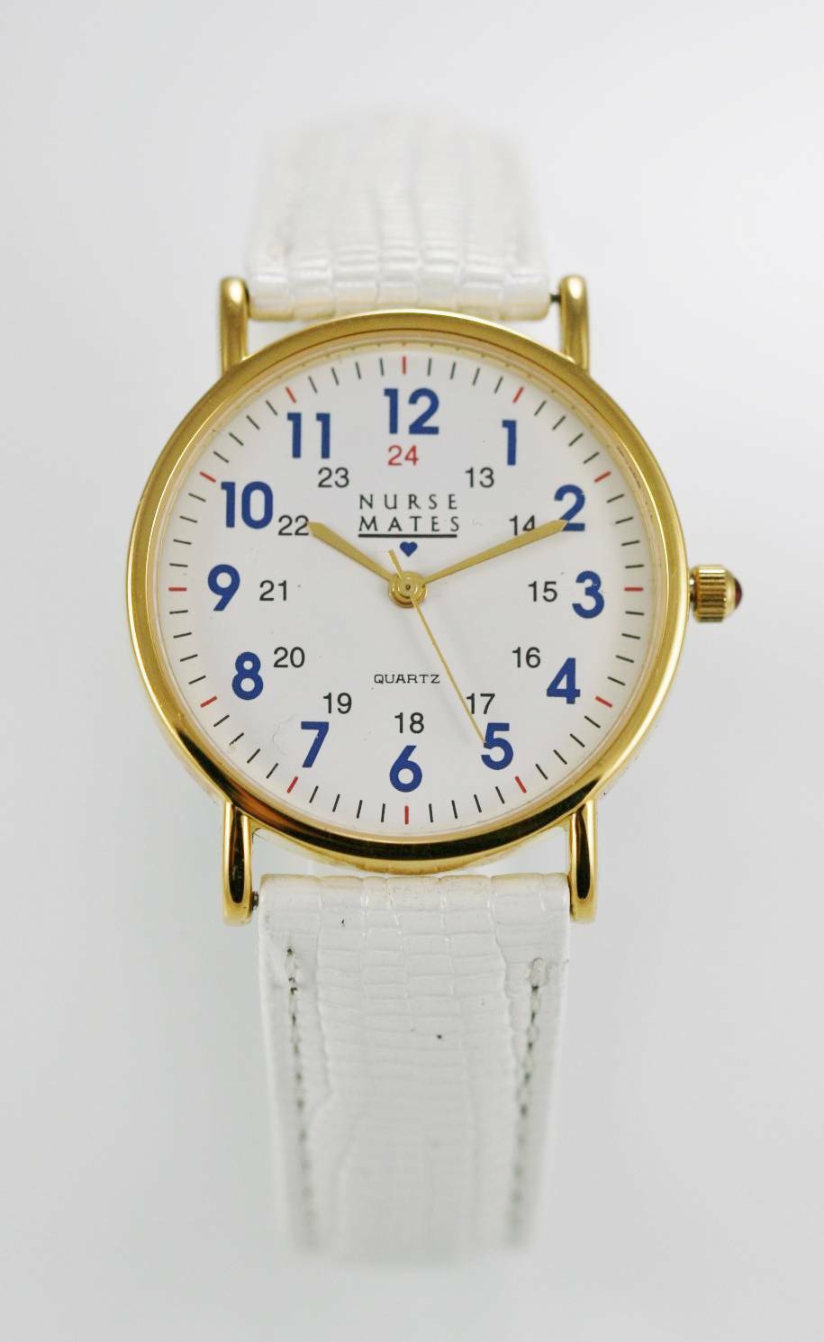 Nurse Mates Watch Unisex 24h Stainless Gold Water Resistant White Leather Quartz