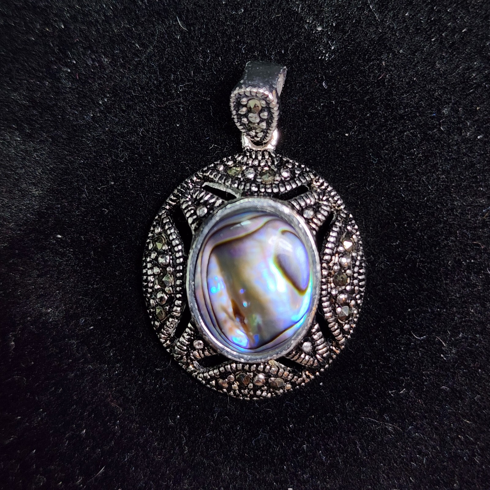 Genuine Marcasite and Abalone Oval 925 Sterling Silver Pendant