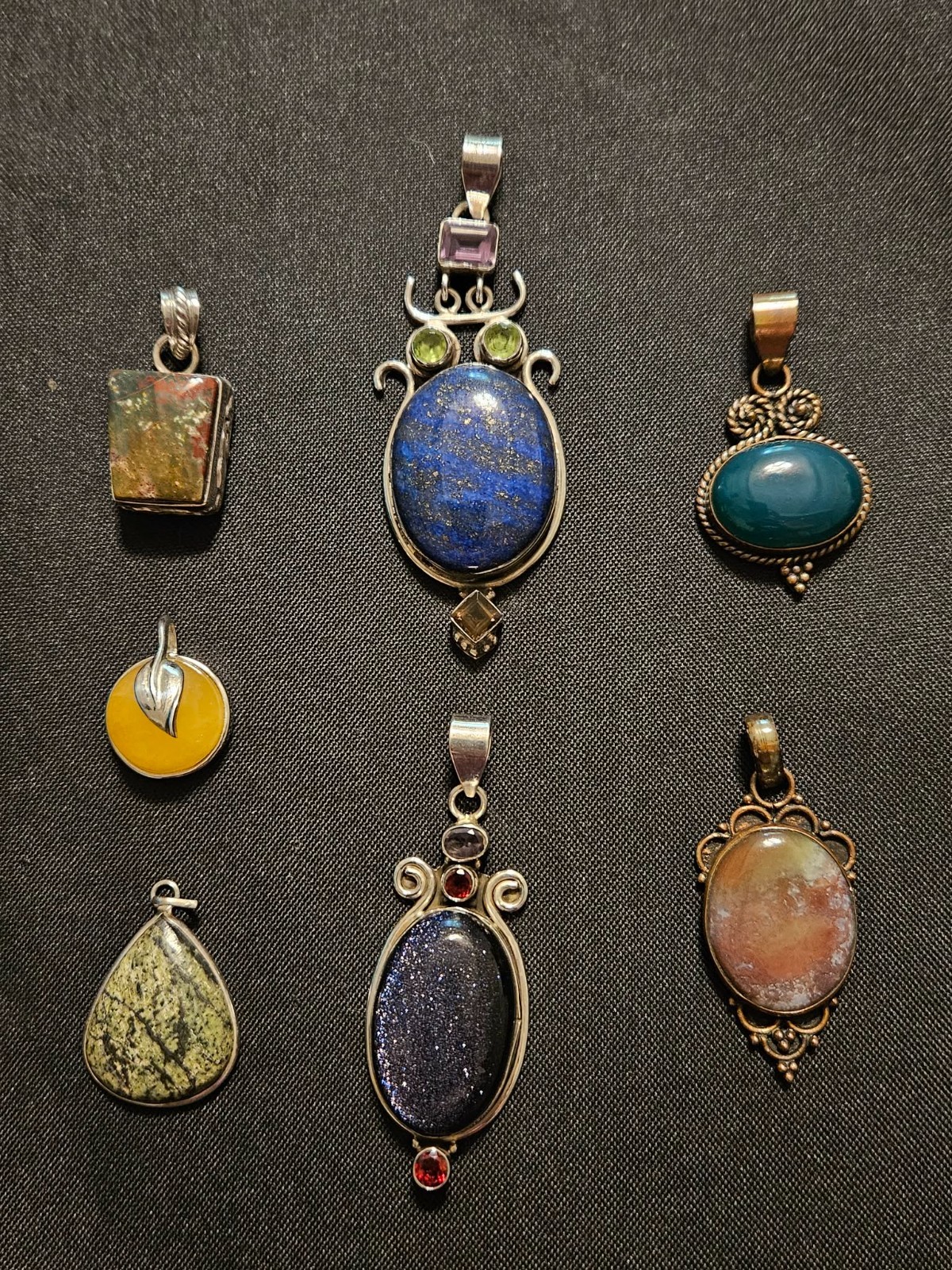 Sterling Silver & Copper Pendants Lot, Lapis, Sandstone, Bloodstone, Citrine etc