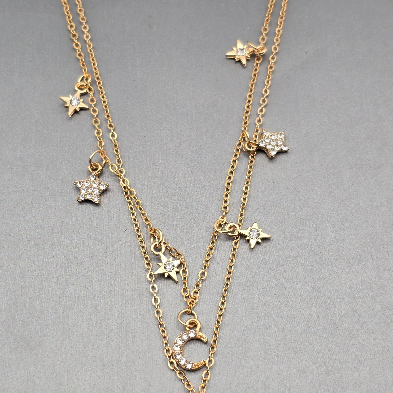 Celestial Star & Moon Teardrop Pendant Layered Necklace 16″ Gold-Tone Adjustable