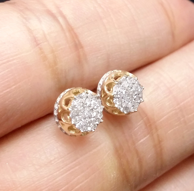 DEAL! 10K Yellow Gold Real Diamond Studs 6.40mm Men’s 3D Pave Earrings 0.15 CTW