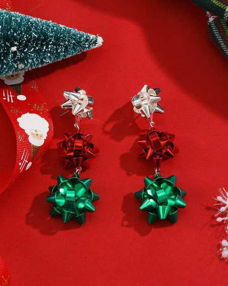 Bow Earrings Drop Dangle Silver Green Red Metal Bows Stud Earrings