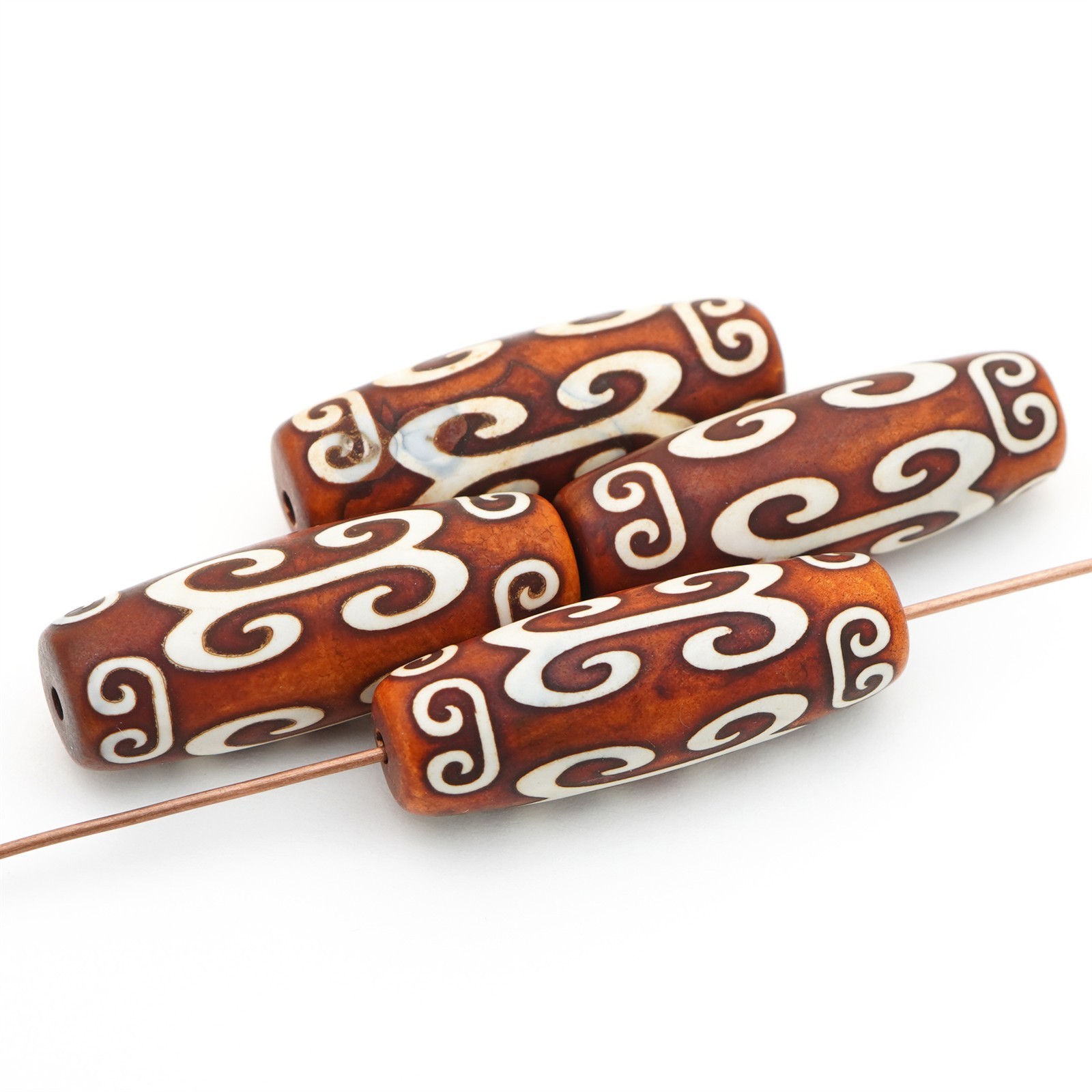 4 long oval Tibetan agate beads white spiral designs brown stone avg 30mm 29mm