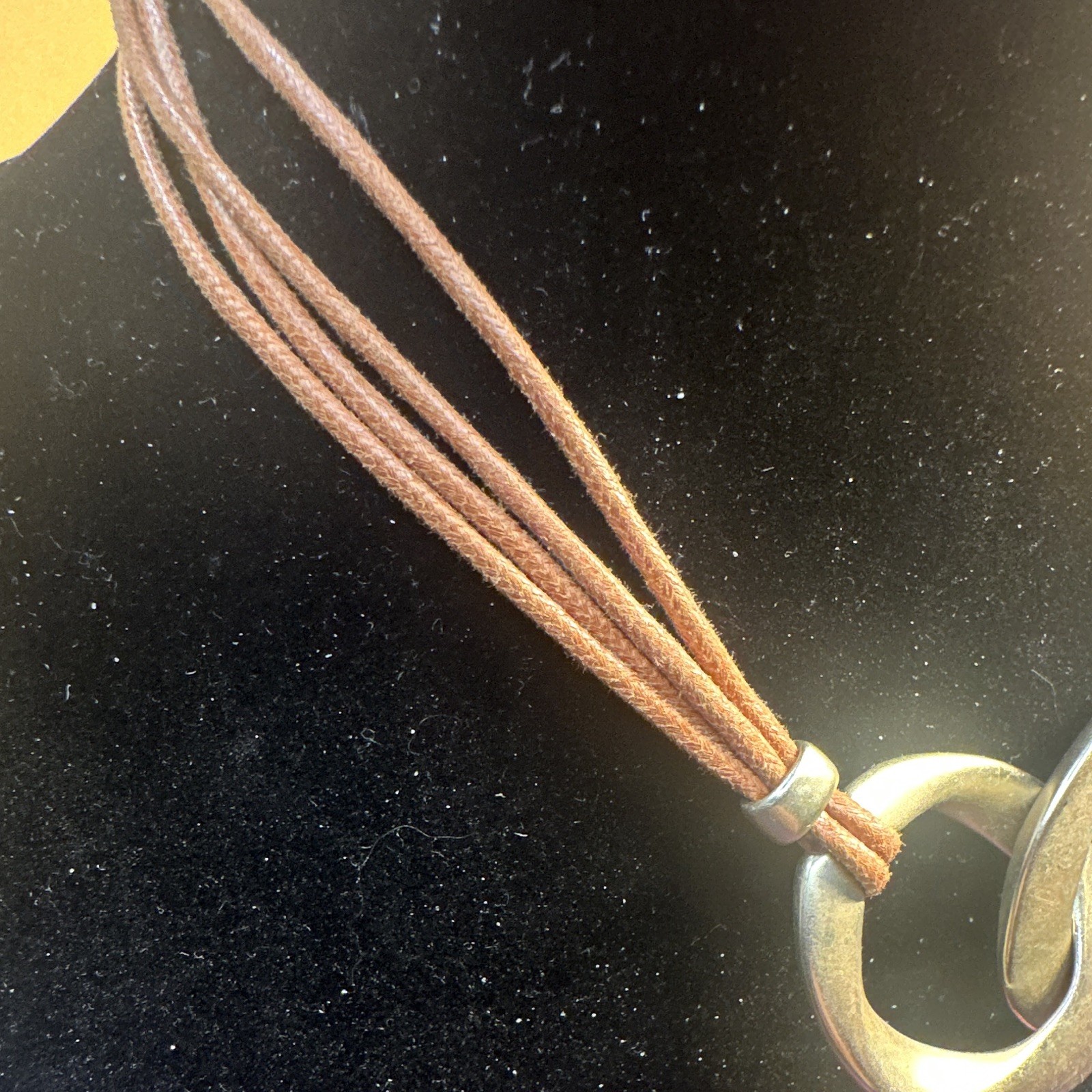 Alfani Silver Tone Double Ring Pendant Brown Faux Leather Cord, Adjustable