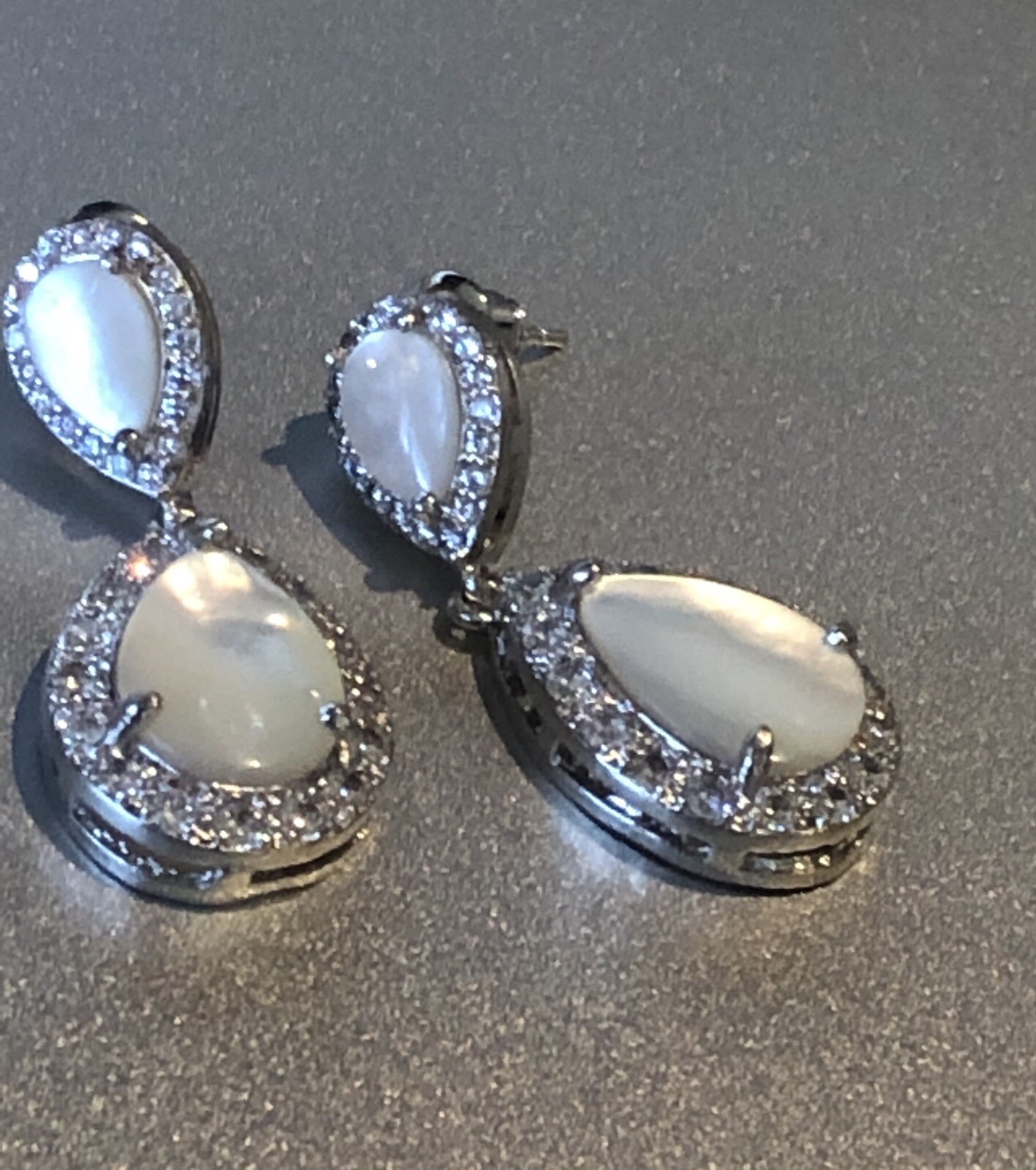 18k White Gold Plated Mother of Pearl Drop Earrings made w/ Swarovski Crystal