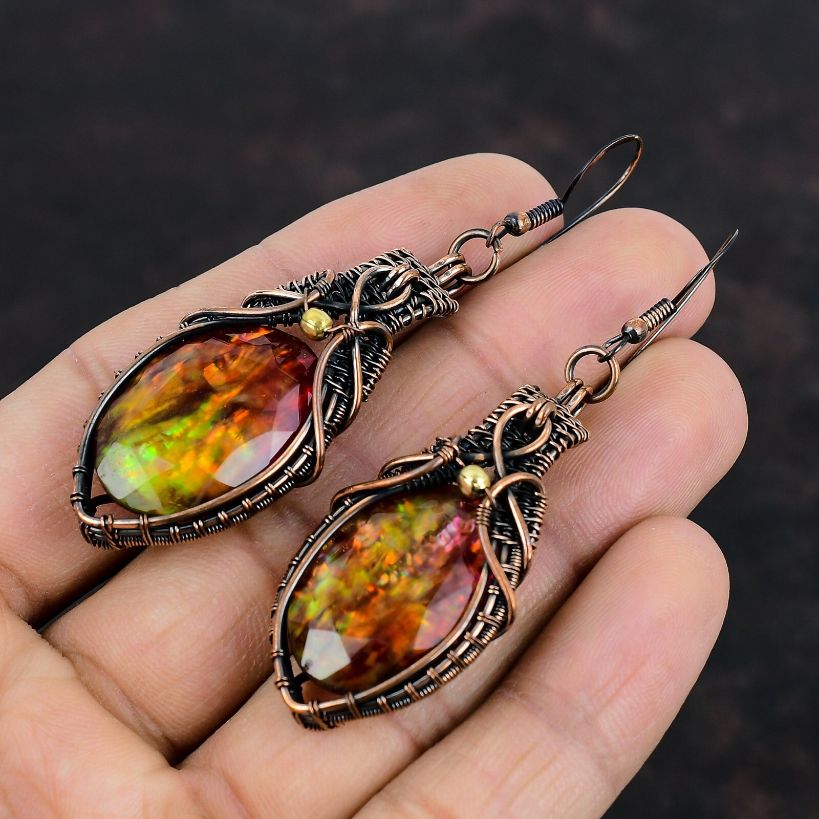 Ammolite Jewelry Copper Gift For Mum Wire Wrapped Drop/Dangle Earrings 2.95″