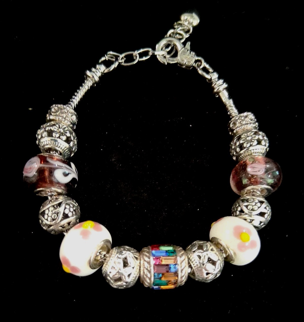 Silvertone 7.5″European CharmBracelet:Floral,Purple&Multicolor Rhinestone Charms